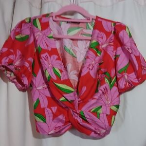 Lulumari Red and Pink Floral Twist-Front Crop Top